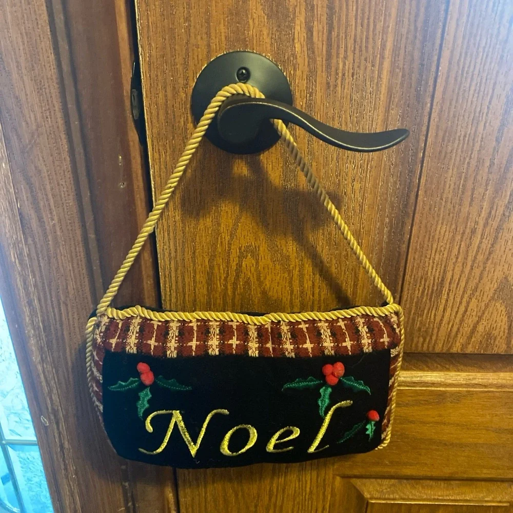 Holiday Noel velvet door knob hanger pillow gold color cord 11x6.5”